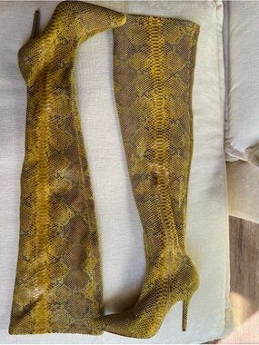 Yellow Snake-Print Over-the-Knee Stiletto Boots